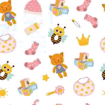 Seamless pattern for babies featuring essentials and toys. Adorable print for infants with a playful design. Perfect for wrapping paper, textiles, and baby shower decorations. vector