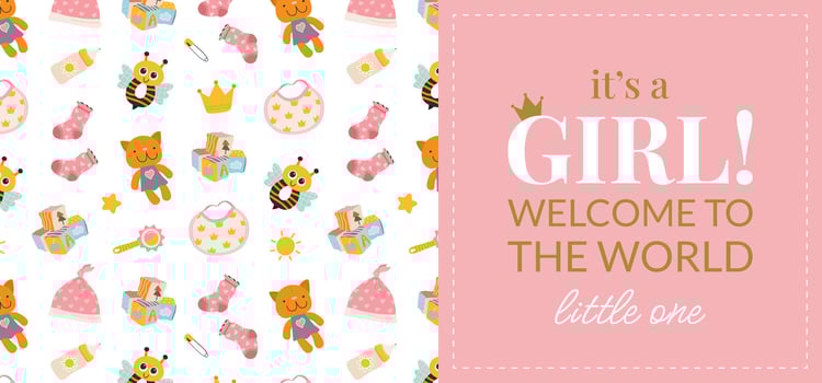 Cute invitation card or flyer for a baby shower, birthday, or gender reveal party. It's a Girl design. Horizontal template with a baby themed pattern and text on pink background. vector