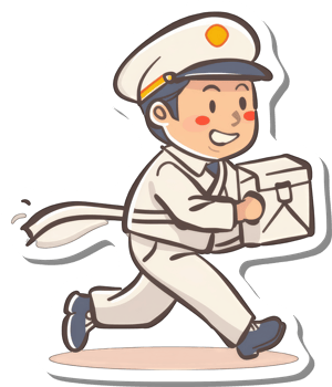 A cheerful postman runs delivering a package png