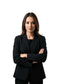 Pro business woman folding arms wearing black suit looking straight portrait png