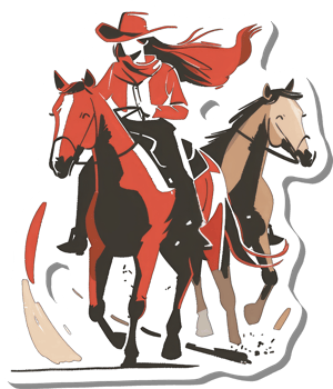 Cowgirl Riding Two Horses Across Plains png