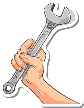 A hand firmly grips a large metallic wrench png