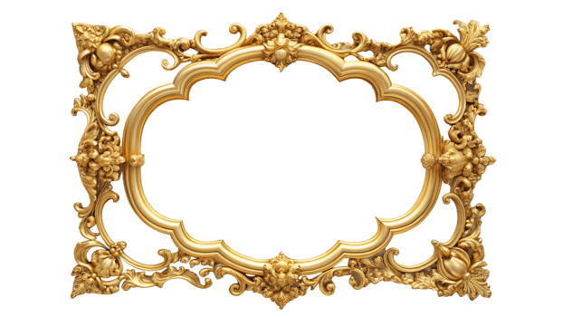 Beautifully Crafted Golden Frame with Decorative Swirls and Floral Patterns Ideal for Highlighting Favorite Artwork and Adding Opulence to Any Artistic Arrangement Quickly png