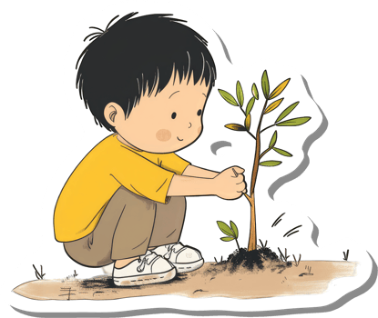 A Young Boy Carefully Plants a Small Sapling png