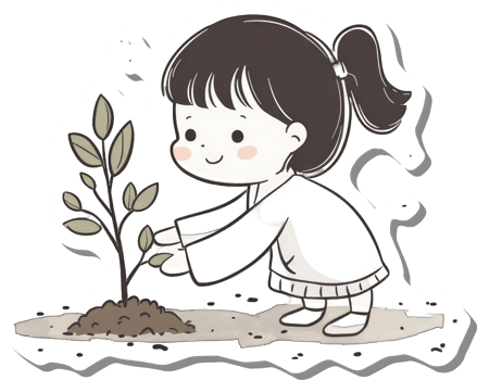 A young girl tenderly plants a small sapling png