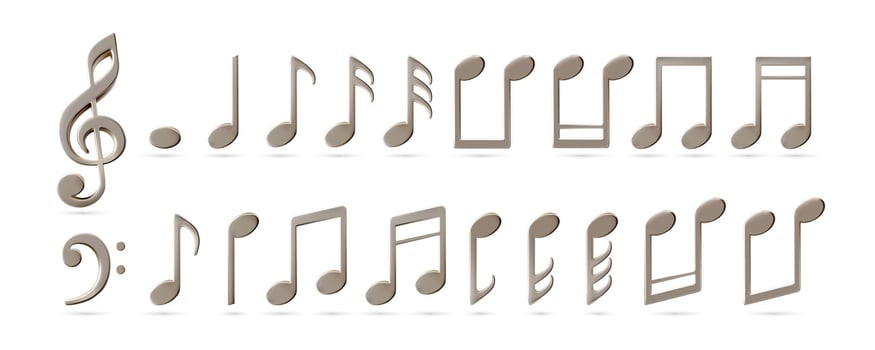 Music sheet elements for melody recording. Treble bass clef and notes icons. Metal decoration for music festival poster. Jazz orchestra, violin and piano or vocal song concert. Dance party celebration vector