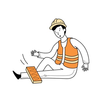 Injured worker crushed leg by block. Line doodle vector