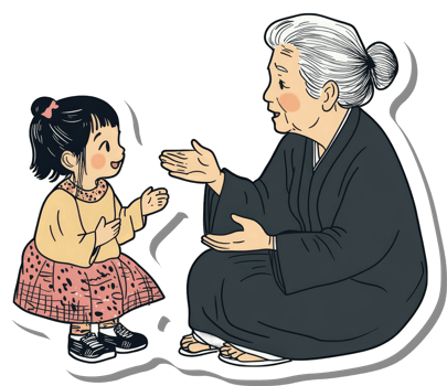 Grandmother and granddaughter converse happily together png