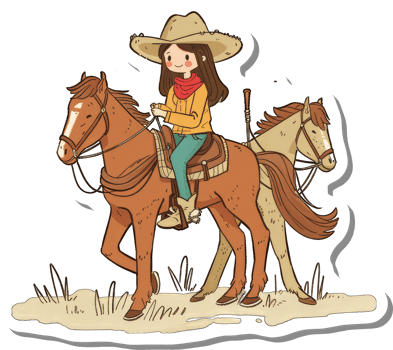 A Cowgirl Rides Two Horses Across a Sandy Path png