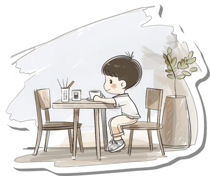 Boy Sitting Alone Enjoying Coffee At A Small Table png