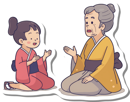 A young girl and an elderly woman converse in kimonos png