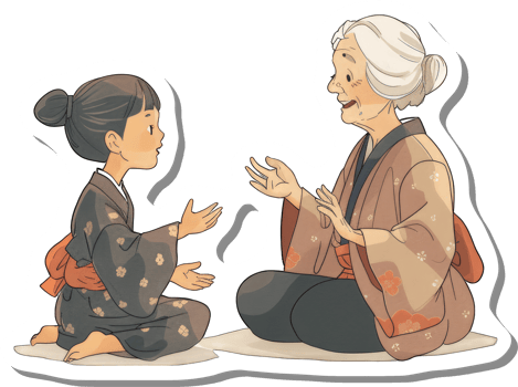 Young Girl and Elderly Woman in Kimonos Converse Together png
