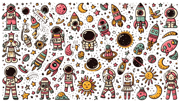 Space pattern doodle cute illustrations Drawings for card, background png
