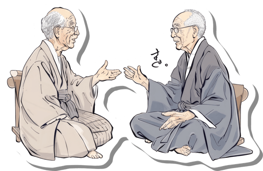 Two Elderly Men in Traditional Robes Engaging in Conversation png