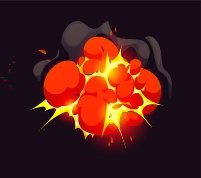 Bomb explosion cartoon effect, smoke cloud, fire vector