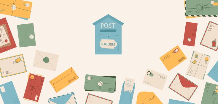 Cartoon mail and letters background template, flat style paper postcard subscribe design, trendy mailbox and postcard illustration, creative craft open and sealed envelope design. vector