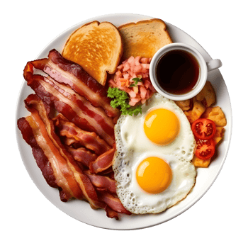 breakfast plate with eggs, bacon, toast and coffee png