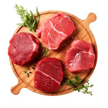 raw beef steaks on a wooden cutting board with herbs and spices png