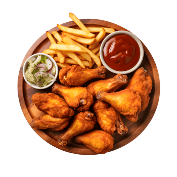 chicken wings and fries on a wooden plate with ketchup and ketchup sauce png