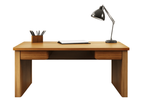 Modern Wooden Desk with Lamp and Stationary png