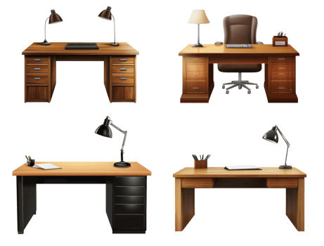 Four Wooden Office Desks Displayed with Various Accessories png