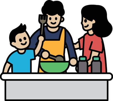 A cartoon of a family cooking together vector