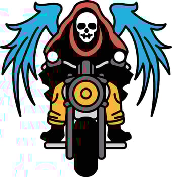 A skeleton is riding a motorcycle with wings on its back vector
