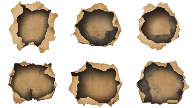 Six Irregularly Shaped Holes in Aged Paper png