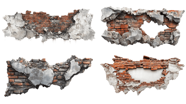 Four sections of a crumbling brick wall png