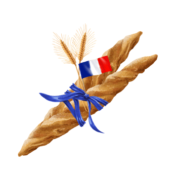 Two Baguettes with blue bow and French flag png