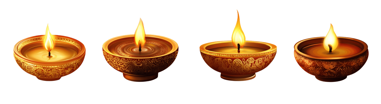 Four Ornate Lit Diya Lamps Illuminate The Dark png