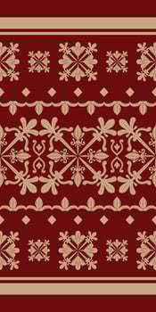 Golden Cross Embroidery on Burgundy Red Background. Classic Royal Luxurious Seamless Pattern Lace Clover Leaves inspired by Nature Traditional Ethnic Style. Scroll Ornate Detailed Rich Hand Craft. vector