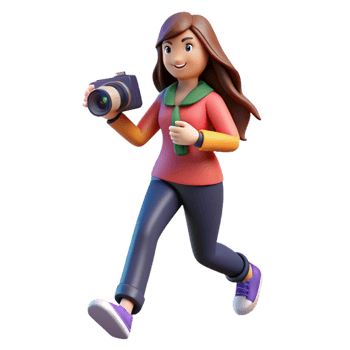 Long-Haired Woman Photographer with Camera Ready for Shoot png