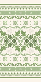 Classy Royal Green Four Leaves Clover Design on Beige Pattern. Brocade Embroidery ornament for Rich and Elegant Design for Luxury Apparel Haute Couture. Fleur de lis Exquisite Silk, hand weaves, noble vector