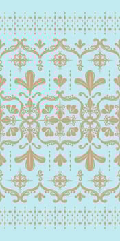 Luxury Filigree Gold on Blue Pastel Background. Silk weaves Embroidery Seamless Pattern. The swirling vine-like stylized petals and ornamental flourishes blooming. Elaborate touch of modernity vector