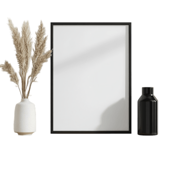 Blank Frame Mockup Wooden Shelf Display white isolated on transparent background png