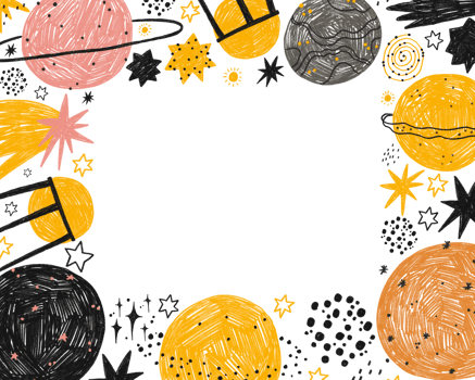 Square border frame with outer space hand drawn illustration. Cosmos, stars and planets card. Kids invitation png