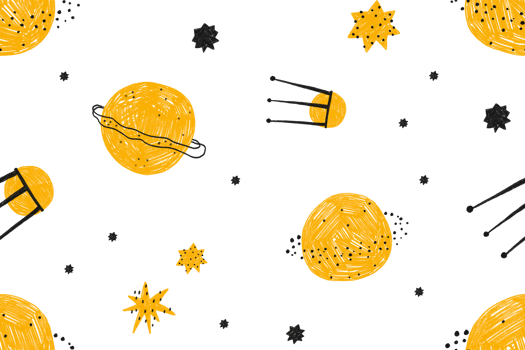Yellow semless pattern with solar system, planets, space. Hand drawn cartoon space background for kids, children. png