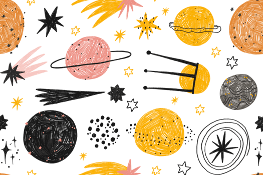 Seamless pattern of freehand cartoon space illustration. Hand drawn outer space, solar system collection on isolated background. Line art. Endless background for kids, children. Baby design png