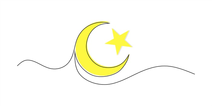 One continuous line drawing of crescent and star. Ramadan Kareem banner in simple linear style. Doodle contour. Eid mubarak design vector
