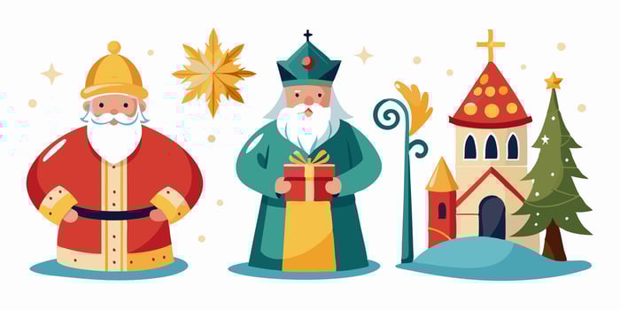 Christmas icons set with santa claus, sinterklaas and christmas tree vector