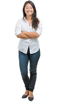 a woman in a white shirt and jeans standing with her arms crossed png