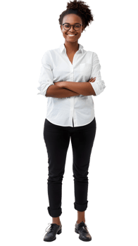 Chic Woman in Neutral Tones White Shirt and Tan Pants png