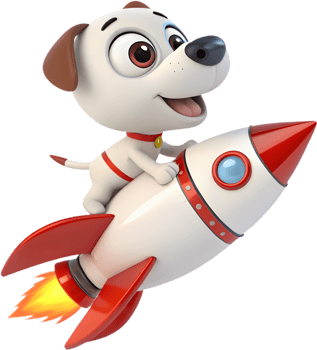 Cartoon puppy astronaut with a rocket flying through space. . png