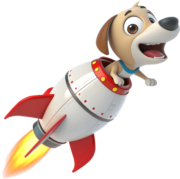 Cartoon rocket puppy with playful space suit flying through space. . png