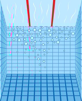 Swimming pool under water with bubbles. Realistic poolside background with sunny underwater pattern, texture or template vector