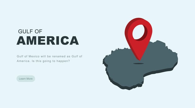 Gulf of America 3d map and pin location illustration background banner Gulf of Mexico will be renamed vector