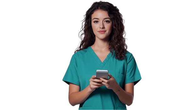 A beautiful female doctor in scrubs holding and using her phone png