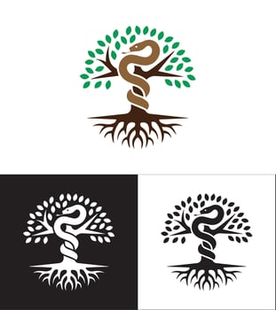 Black and White Tree Symbol with Serpent, Roots, and Branches, Representing Global Environmental Sustainability, Set Against a Clean White Background with a Touch of Color vector
