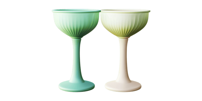Two vintage champagne glasses in green tones isolated on transparent background png